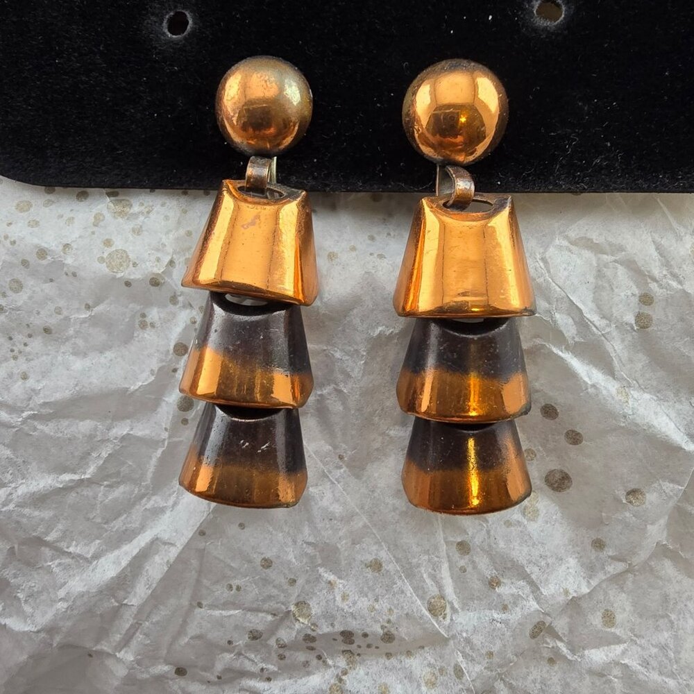 Vintage Copper Dangle Earrings Modernist Geometric Tiered Statement Screw-Back - Picture 1 of 11